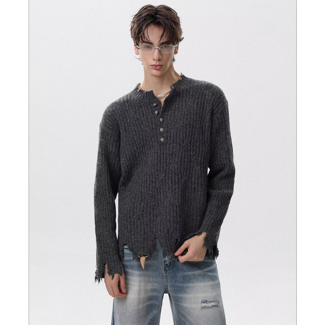 Herren Lässiger Grobstrickpullover mit Knopfleiste und rissigem Saum Shop Nory
