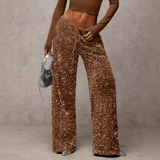 Damen Pailletten-Palazzohose mit hohem Bund und Kordelzug Shop Nory