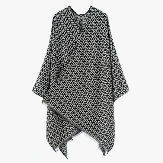 Damen Gewebter Jacquard‑Wickelponcho mit geometrischem Allovermuster und feinem Fransensaum Shop Nory