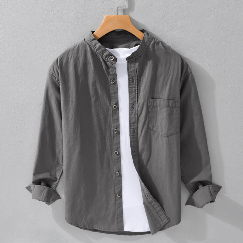 Herren Hemdjacke im Mandarinstil aus Baumwoll-Twill, Relaxed-Fit, mit aufgesetzter Brusttasche und Holzknöpfen Shop Nory