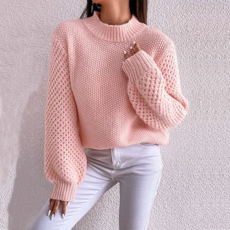 Damen Kurzgeschnitteter Grobstrick-Pullover mit Voluminösen Netzstruktur-Ärmeln und Stehkragen Shop Nory