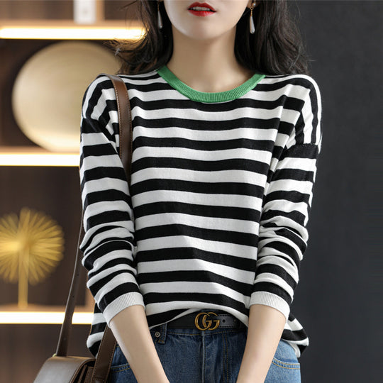Damen Maritim-inspiriertes gestreiftes Feinstrick-Shirt mit weitem Boot-Ausschnitt und Kontrastkante Shop Nory