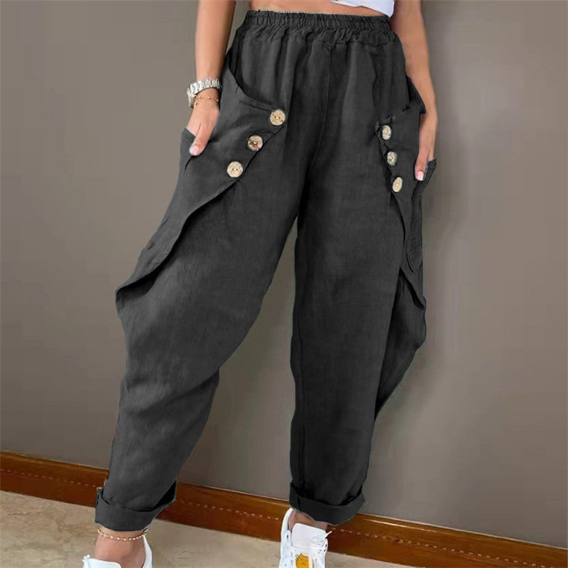 Damen lässige Sommerhose mit Knopfdetails und praktischen Seitentaschen