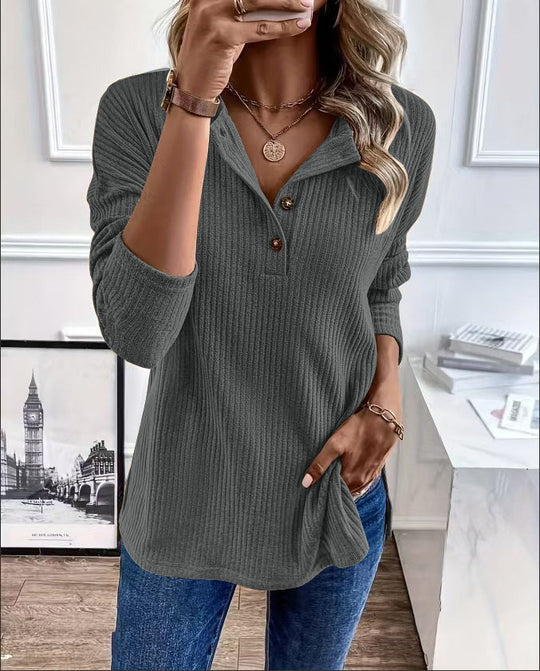 Damen Gerippter Longsleeve-Pullover mit Henley-Kragen und lässiger Tunika-Passform Shop Nory