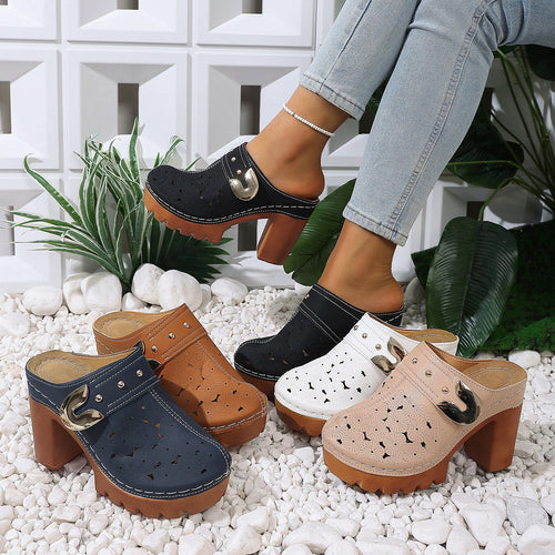 Damen modische Clogs mit perforiertem Design und elegantem Blockabsatz