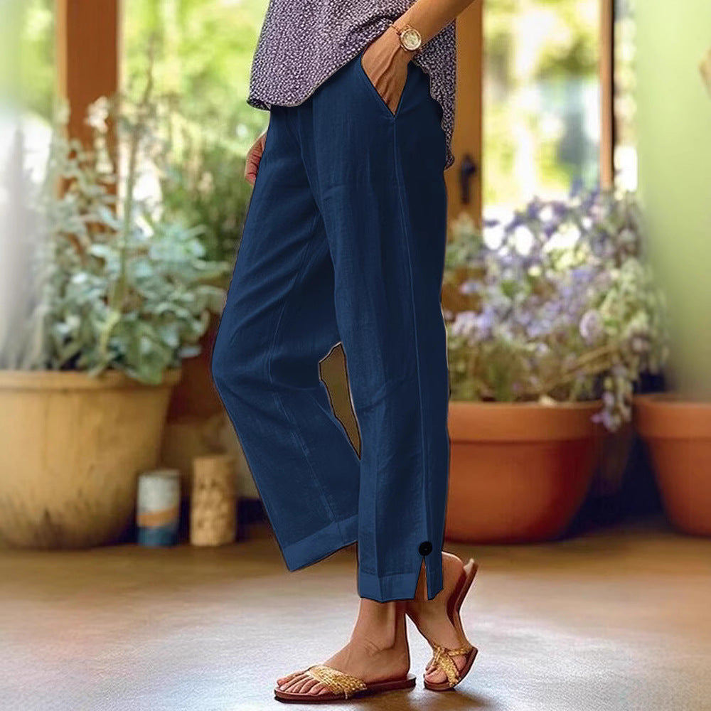 Damen Leinenhose mit lockerer, knöchellanger Passform, seitlichen Eingrifftaschen und Zierknopf-Details Shop Nory