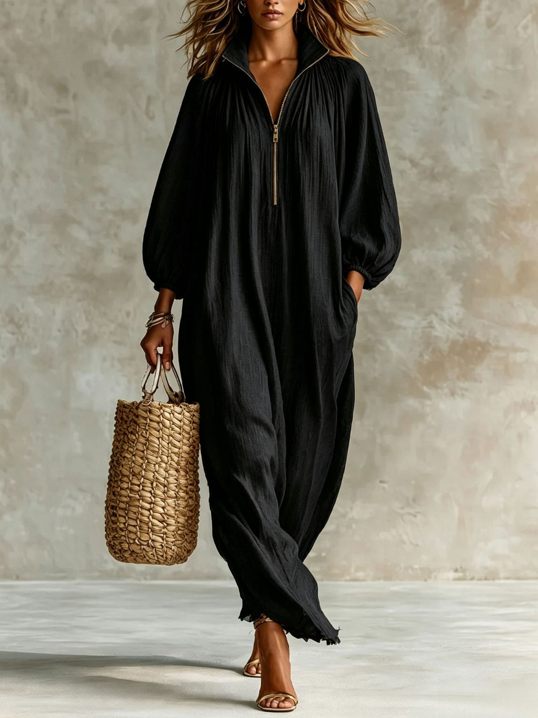 Damen Luftiger Maxi-Jumpsuit mit Ballonärmeln, halbhohem Reißverschluss und Eingrifftaschen Shop Nory