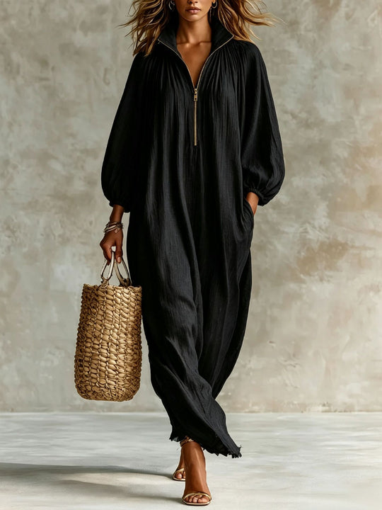 Damen Luftiger Maxi-Jumpsuit mit Ballonärmeln, halbhohem Reißverschluss und Eingrifftaschen Shop Nory