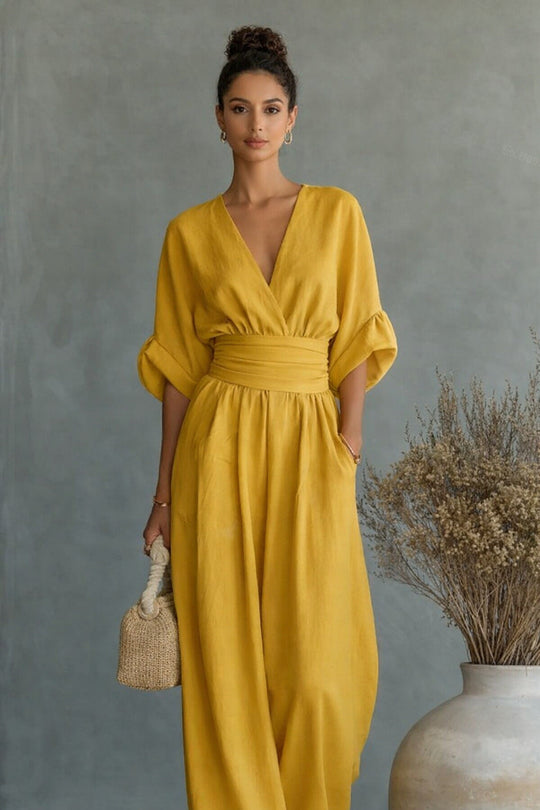 Damen Weit geschnittener Jumpsuit mit eleganten Drapierungen und V-Ausschnitt Shop Nory