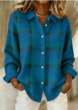 Damen Kariertes Strick-Hemdjacke-Cardigan mit Hemdkragen und gerippten Bündchen Shop Nory