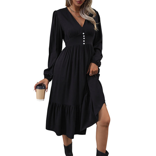 Damen V-Ausschnitt Midikleid mit hoher Taillennaht, langen Ballonärmeln und Volantstufe Shop Nory