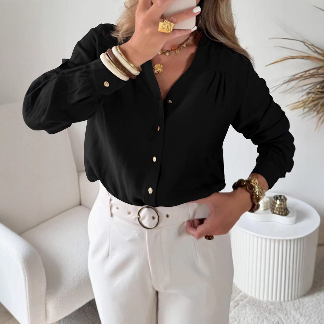 Damen Bluse mit V‑Ausschnitt, geraffter Schulterpasse und Ballonärmeln Shop Nory
