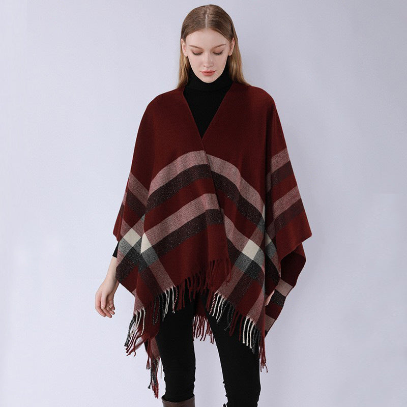 Damen Grobgewebte Cape‑Ruana im Oversize mit verlaufendem Karomuster und Fransensaum Shop Nory