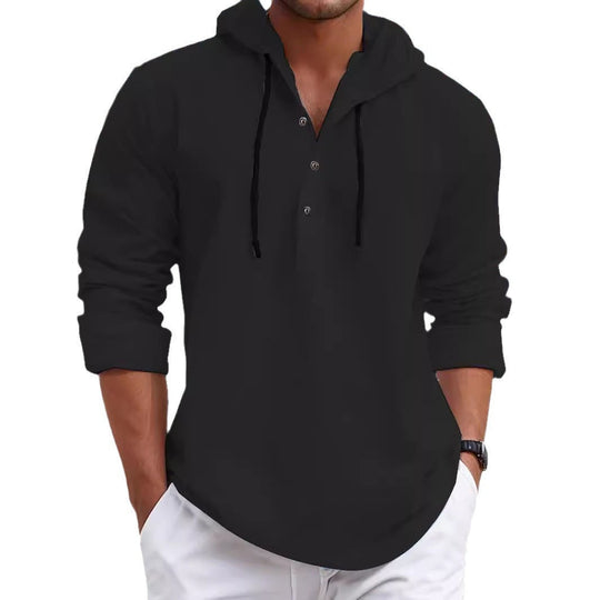 Herren nan sommerliches Hoodie-Henley mit verdeckter Knopfleiste, Kordelzug und gerundetem Saum