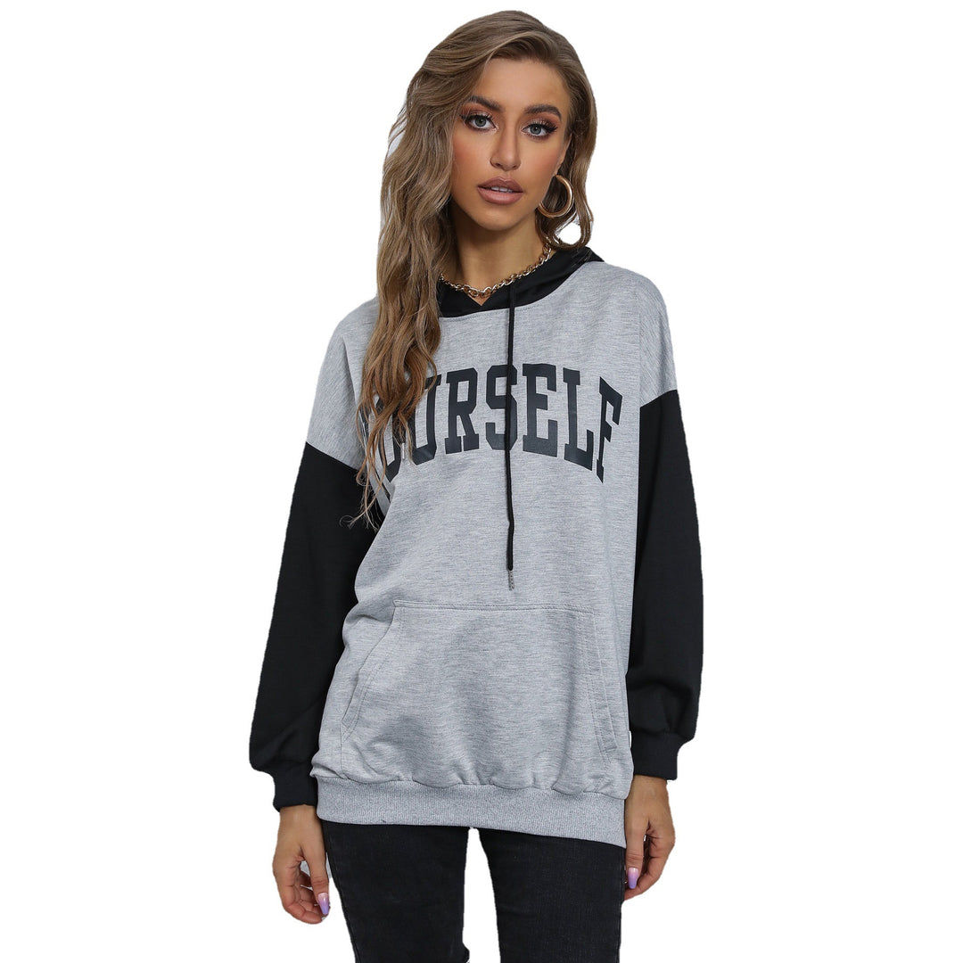Damen Oversize-Kapuzenpullover mit College-Print, Kängurutasche und Kontrastärmeln Shop Nory