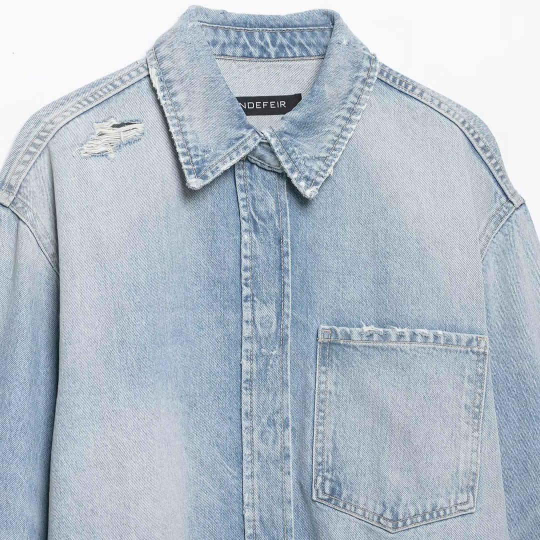 Damen Cropped Jeansjacke im Used‑Look mit ausgefranstem Saum und Oversize‑Ärmeln Shop Nory