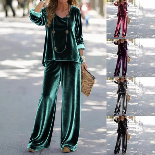 Damen Elegantes Samt-Zweiteiler Lounge-Set mit V-Ausschnitt und weitem Bein Shop Nory