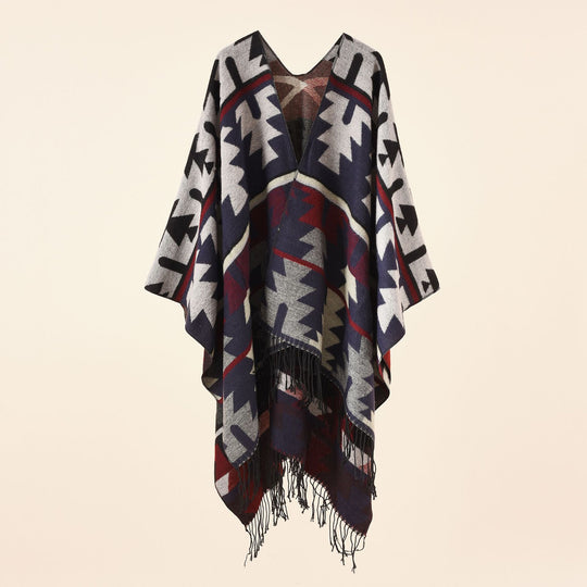 Damen Oversize-Ruana mit V‑Ausschnitt, grobem Jacquardmuster und langen Fransen Shop Nory