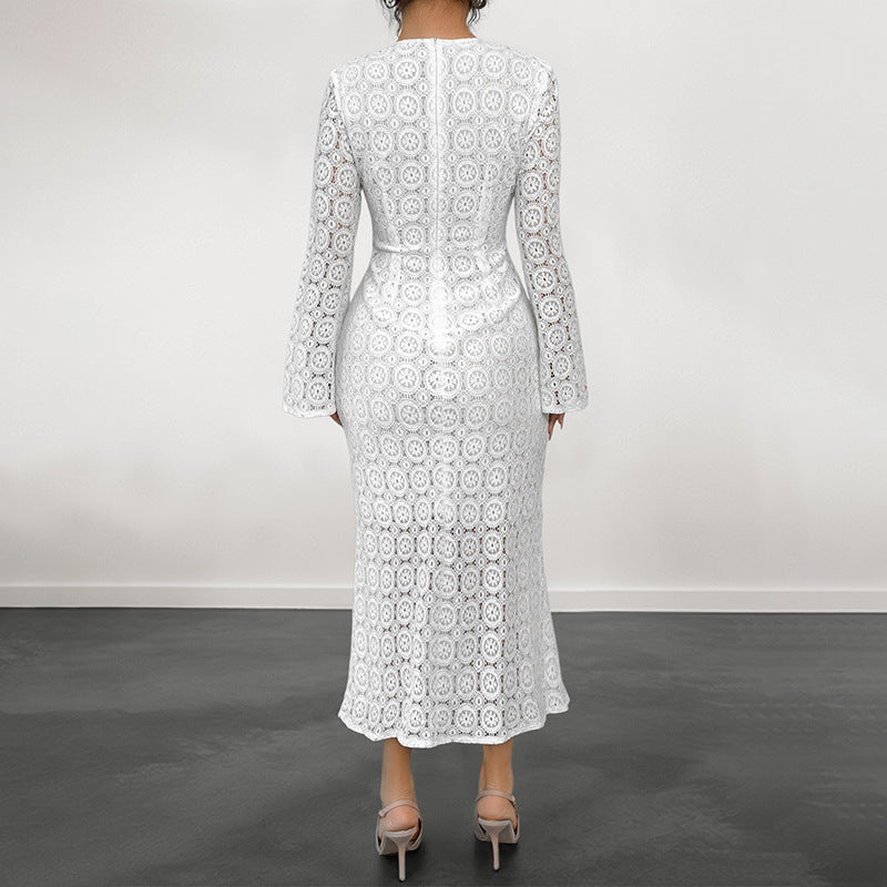 Damen Midikleid aus gehäkelter Spitze mit Trompetenärmeln Shop Nory