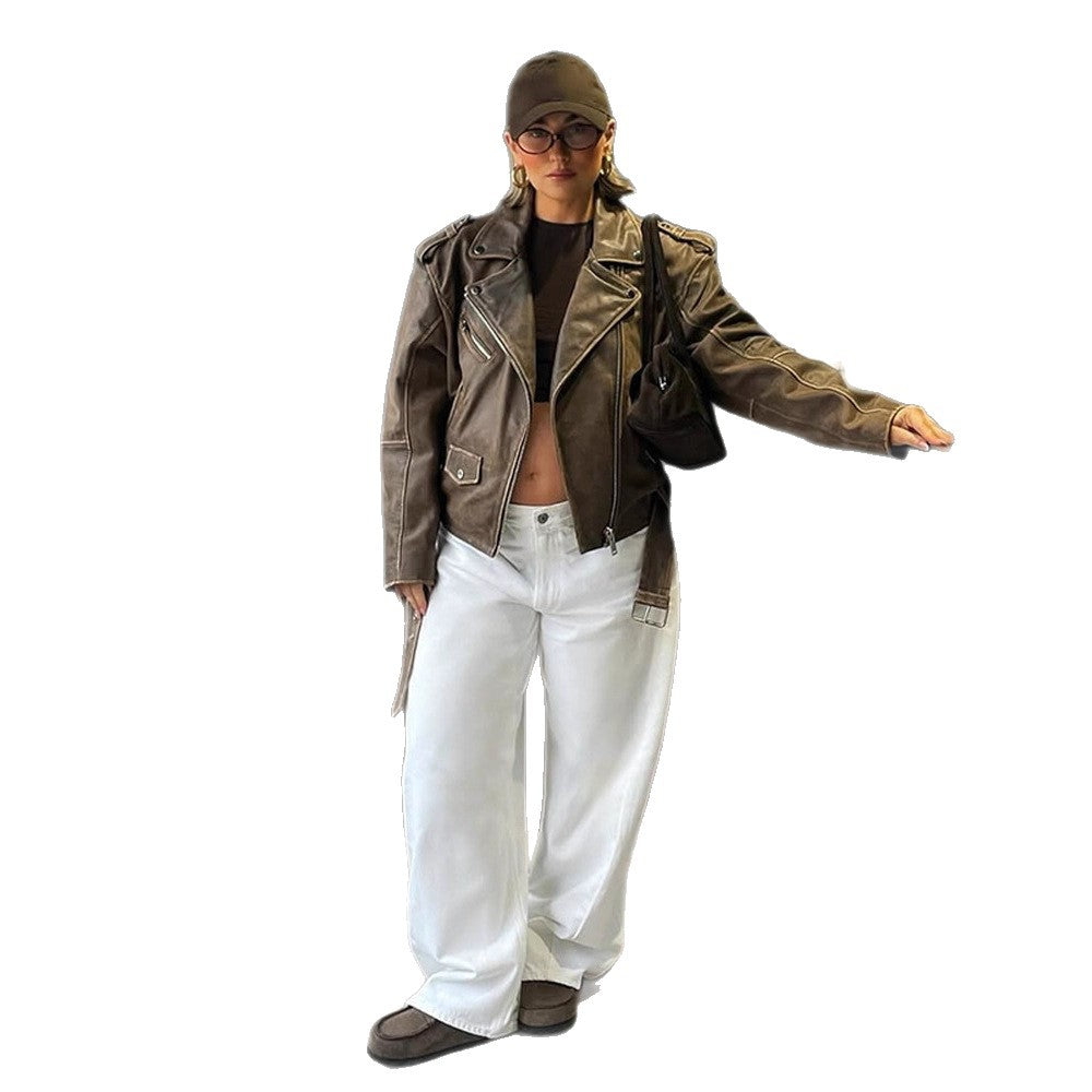 Damen Veloursleder‑Optik Bikerjacke mit Schulterklappen und asymmetrischem Reißverschluss Shop Nory