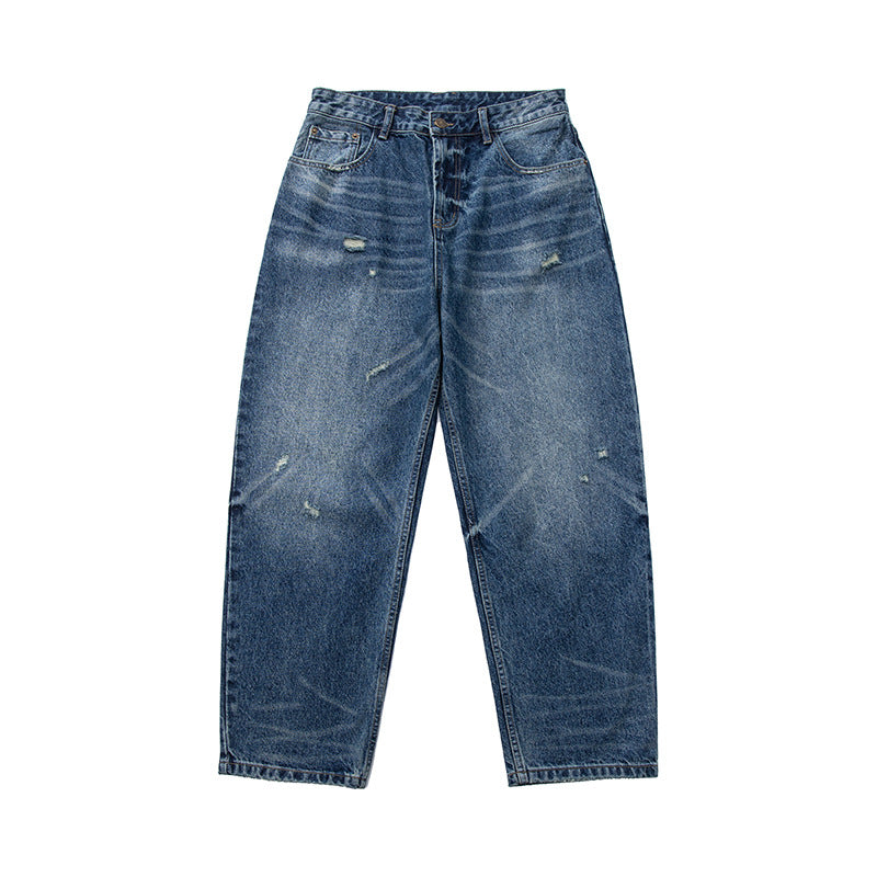 Damen High‑Waist weit geschnittene Jeans im Used‑Look mit Knopfverschluss und dezenten Rissen Shop Nory