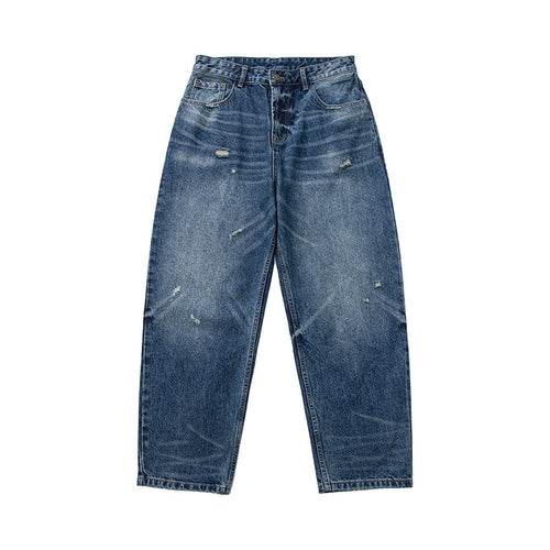 Damen High‑Waist weit geschnittene Jeans im Used‑Look mit Knopfverschluss und dezenten Rissen Shop Nory
