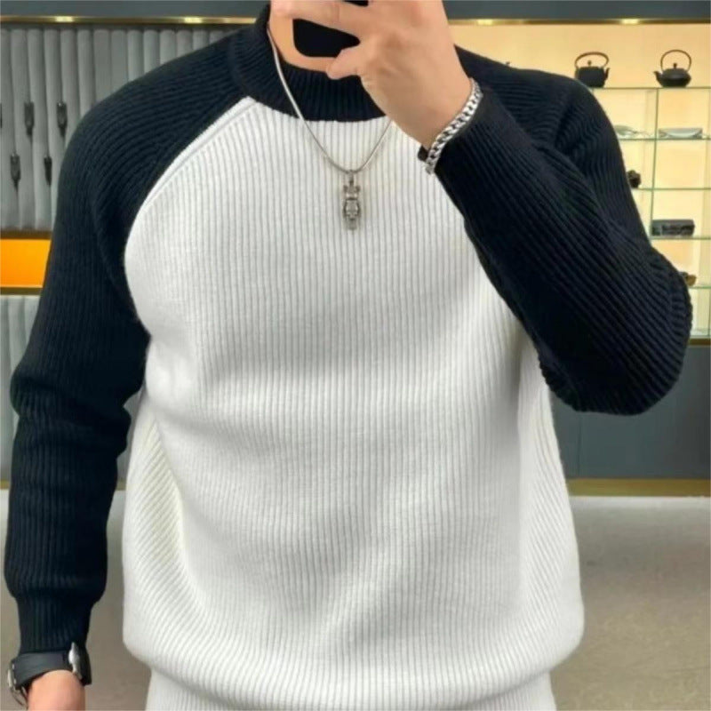Herren Gerippter Raglan-Pullover mit Kontrastärmeln und kurzem Stehkragen Shop Nory