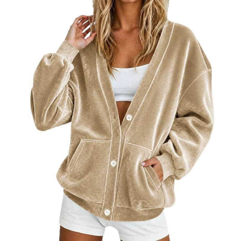 Damen Oversize-Relax-Cardigan aus Velours mit Knopfleiste und Eingrifftaschen Shop Nory