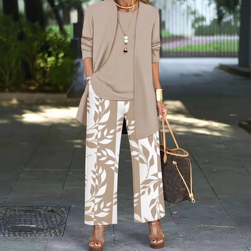 Damen Zweiteiler Offener Longcardigan mit Langarm und Palazzo‑Hose mit Blattprint Shop Nory