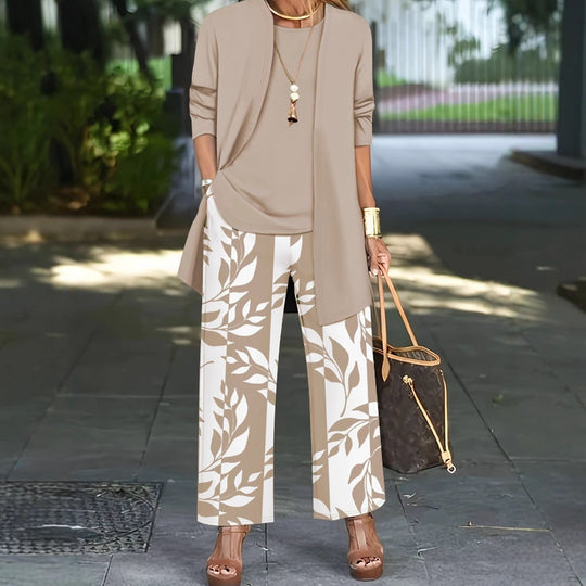 Damen Zweiteiler Offener Longcardigan mit Langarm und Palazzo‑Hose mit Blattprint Shop Nory