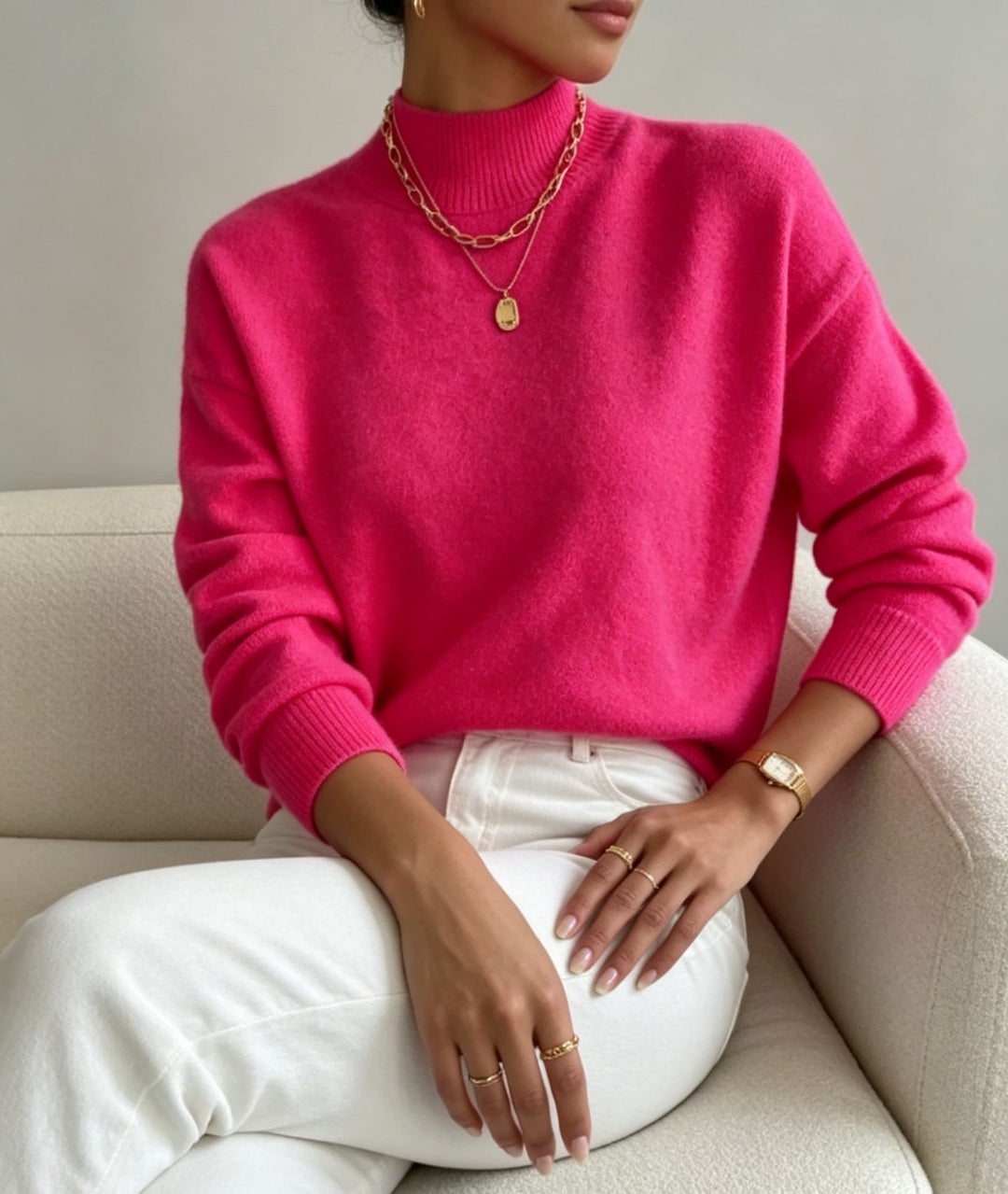 Damen kuscheliger Feinstrickpullover mit Stehkragen und überschnittener Schulter Shop Nory