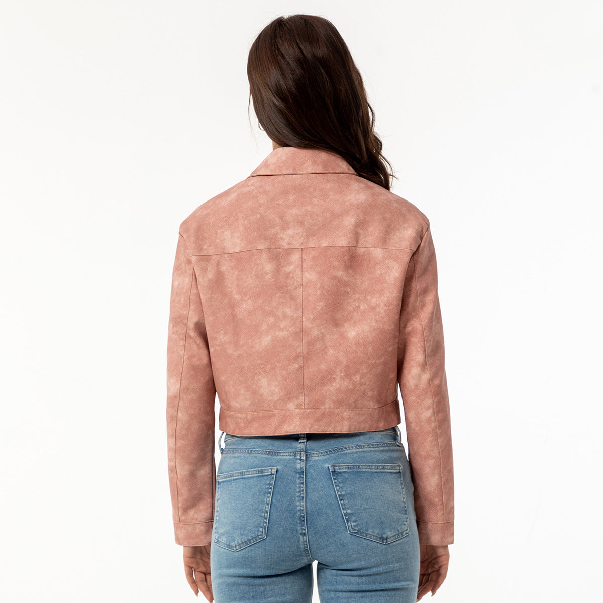 Damen modische cropped Kunstlederjacke mit klassischem Wellenkragen
