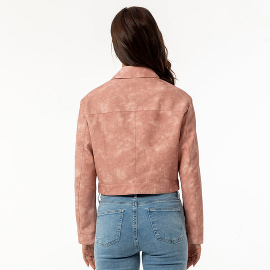 Damen modische cropped Kunstlederjacke mit klassischem Wellenkragen