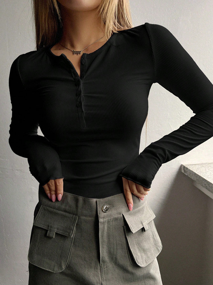 Damen Figurnahe Rippstrick-Henleyshirt mit Knopfleiste und Langarm Shop Nory