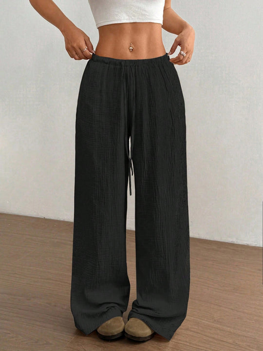 Damen Weite Baumwoll-Gauze-Hose mit hohem Bund, Gummizug und Kordelzug Shop Nory