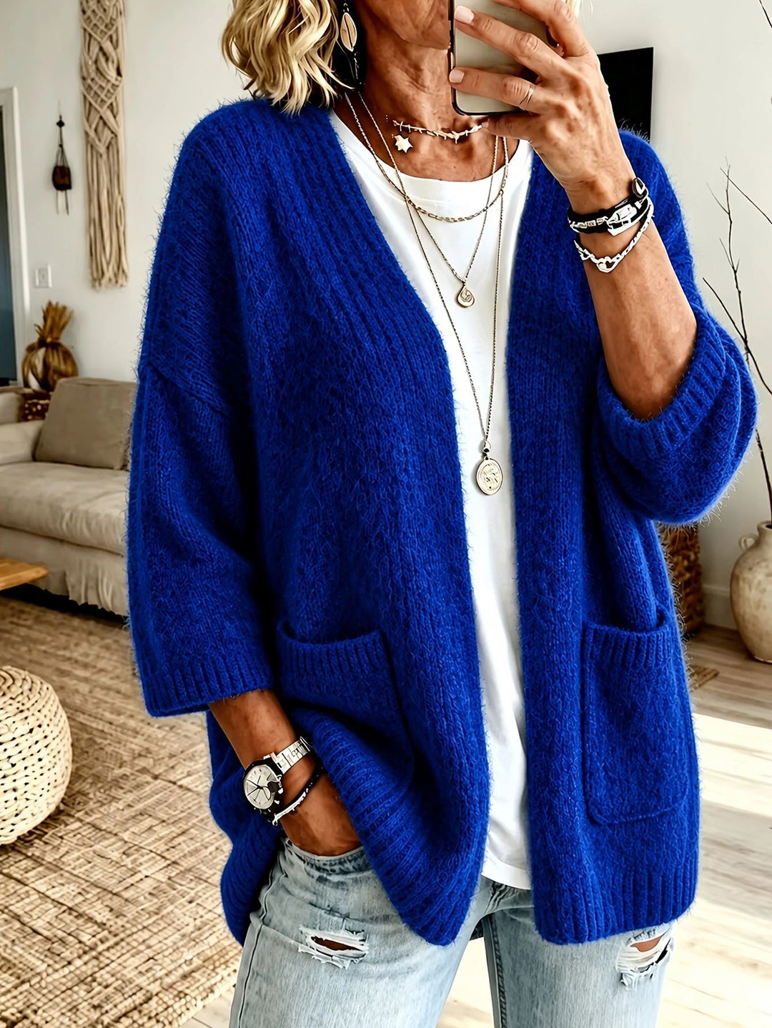 Damen Offener Longcardigan im Mohair-Look mit aufgesetzten Taschen und überschnittener Schulter Shop Nory