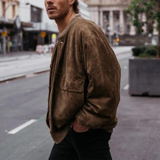 Herren Oversized Velourslederoptik Bomberjacke mit Karofutter und Knopfverschluss Shop Nory