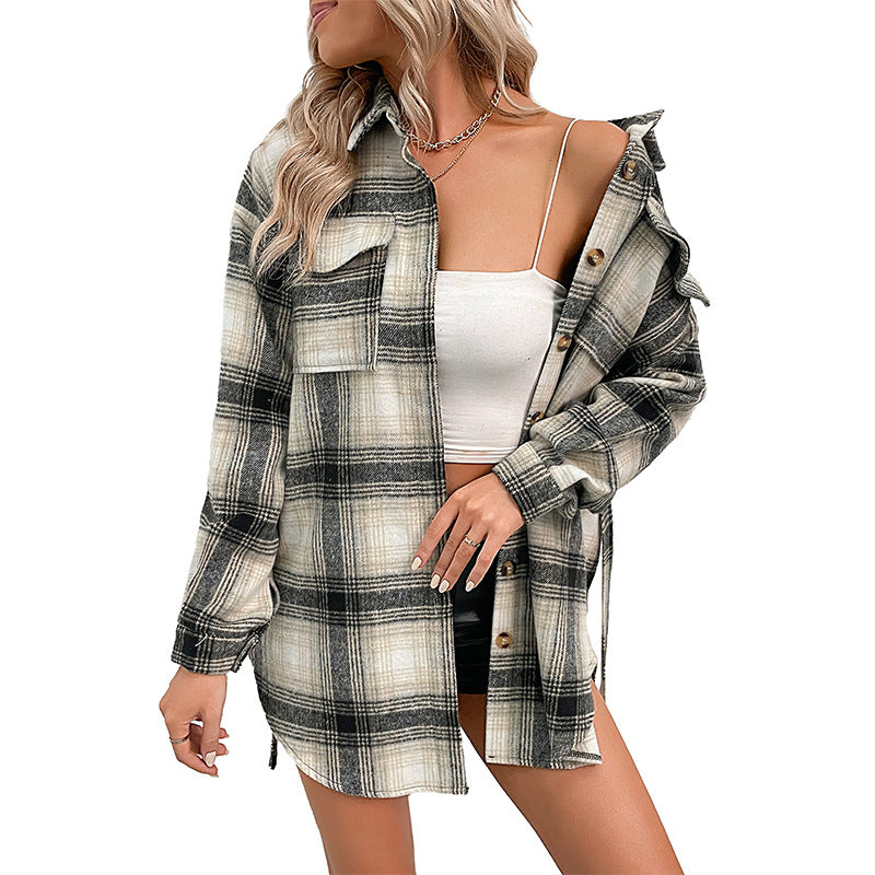 Damen Overshirt-Kleid mit Karomuster, Bindegürtel und aufgesetzten Brusttaschen Shop Nory