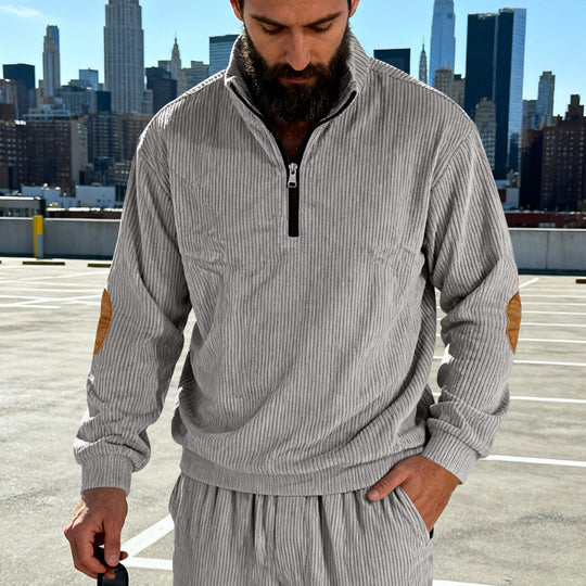Herren Cord-Struktur-Halbzip-Pullover im Relaxed-Fit mit Stehkragen und Ellbogen-Patch Shop Nory