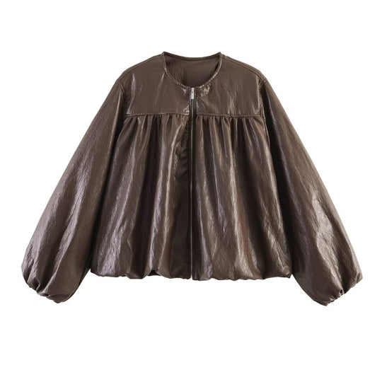 Damen Gekürzte Blousonjacke mit Ballonärmeln, geraffter Passe und Reißverschluss Shop Nory
