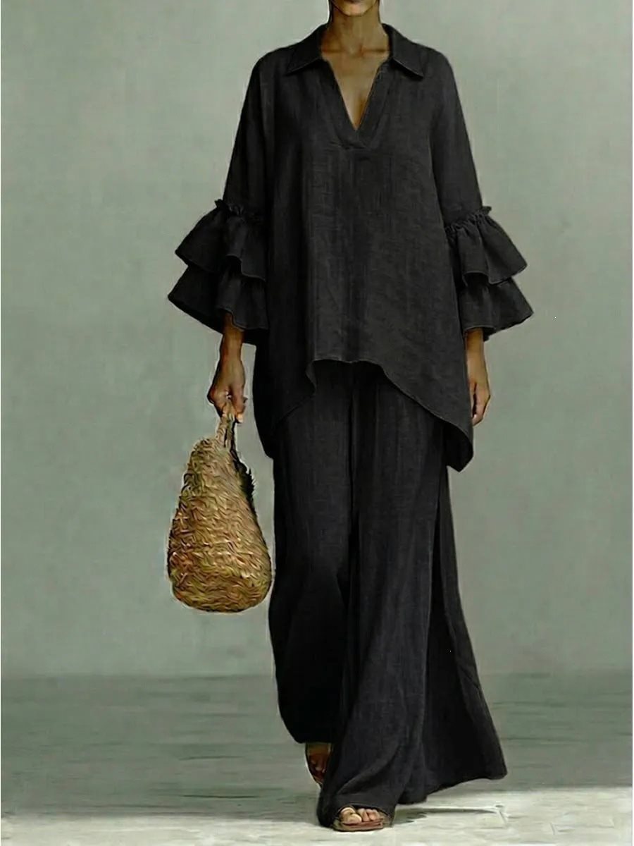 Damen Leinen-Loungewear-Set mit Volantärmeln und weitem Palazzo-Hose Shop Nory