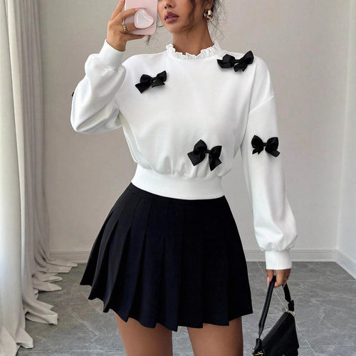 Damen Cropped Sweatshirt mit Rüschenkragen, Ballonärmeln und Zier‑Schleifen Shop Nory