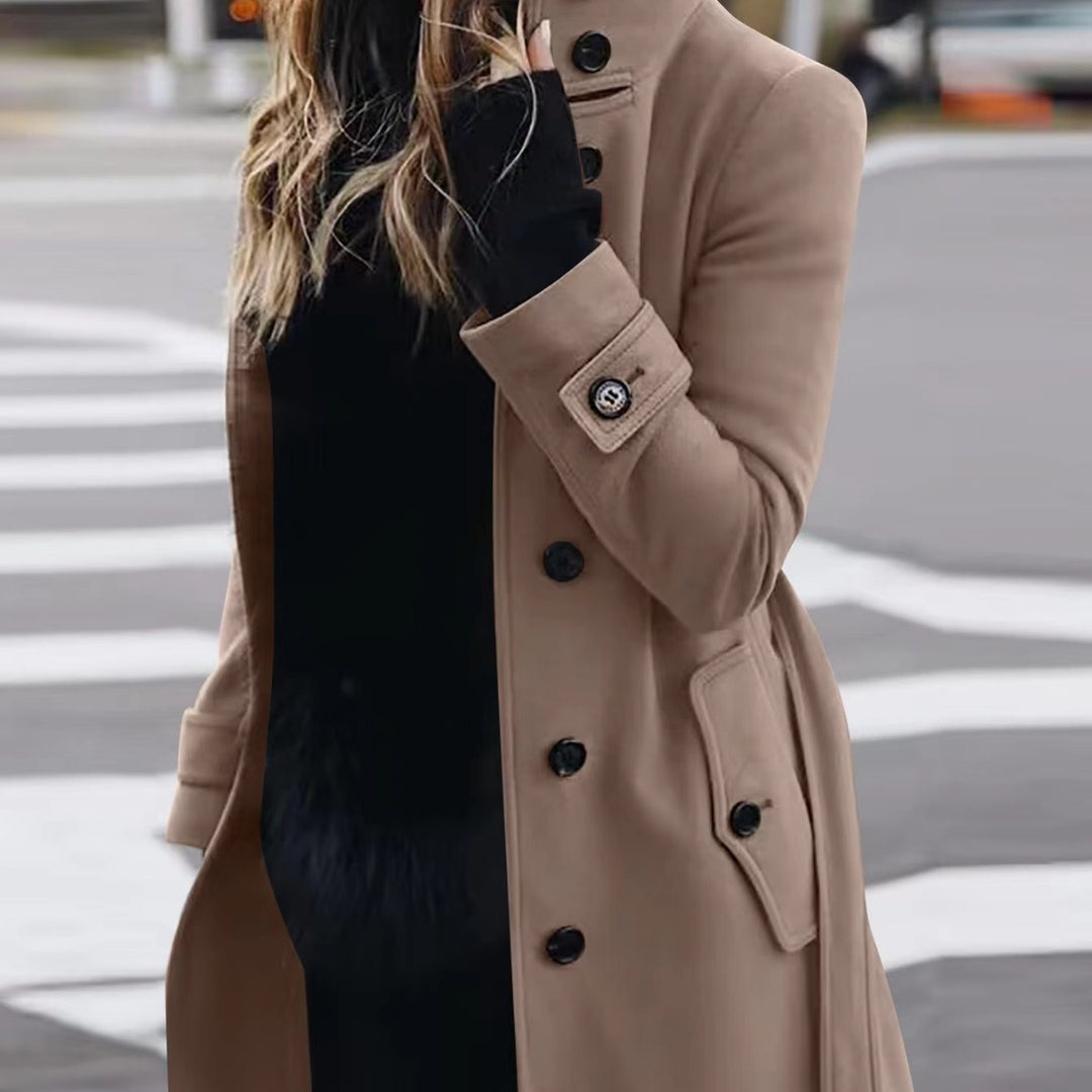 Damen Doppelreihiger Trenchcoat mit hohem Stehkragen, Taillengürtel und Manschetten-Detail Shop Nory