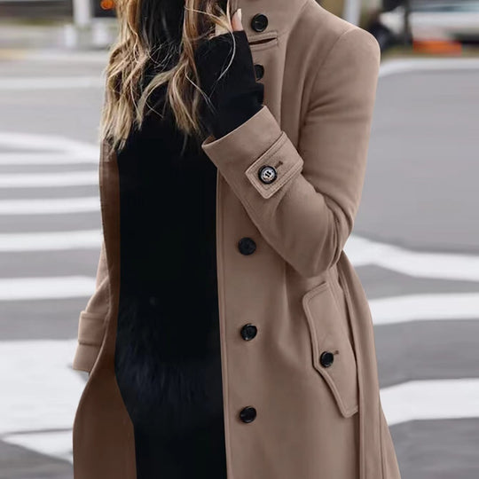 Damen Doppelreihiger Trenchcoat mit hohem Stehkragen, Taillengürtel und Manschetten-Detail Shop Nory