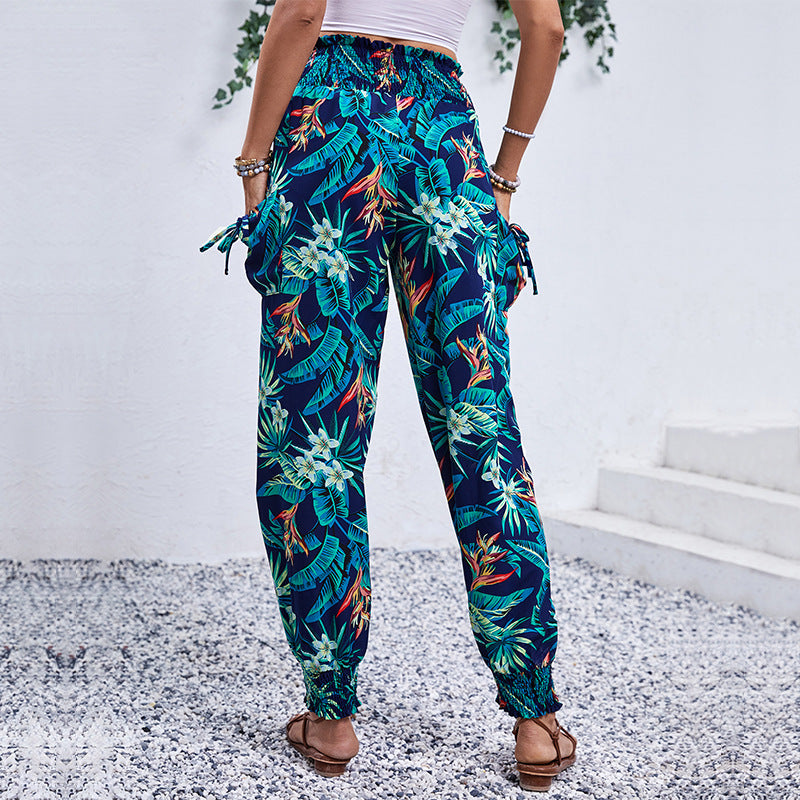 Damen Tropische Cargo-Haremshose mit Smokbund und Seitentaschen Shop Nory