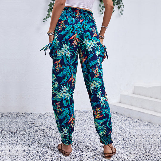 Damen Tropische Cargo-Haremshose mit Smokbund und Seitentaschen Shop Nory