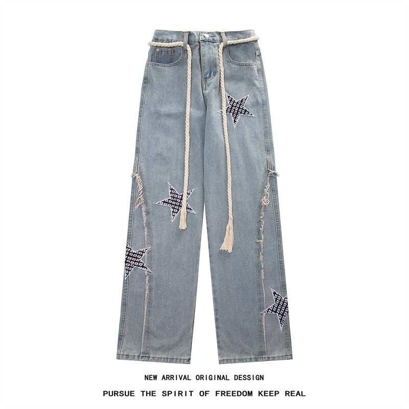 Damen Weite High‑Waist Denimhose mit Stern‑Applikationen, Fransen‑Seitenschlitzen und Kordelbund Shop Nory