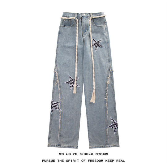 Damen Weite High‑Waist Denimhose mit Stern‑Applikationen, Fransen‑Seitenschlitzen und Kordelbund Shop Nory