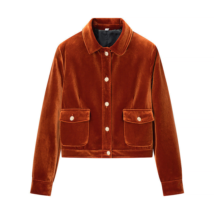Damen Kurzjacke im Samt‑Look mit Hemdkragen, aufgesetzten Pattentaschen und goldfarbenen Zierknöpfen Shop Nory