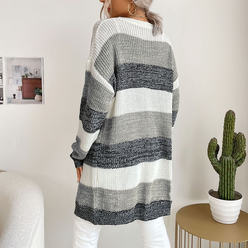 Damen Longline Strickcardigan mit breiten Blockstreifen, offener Front und überschnittener Schulter Shop Nory